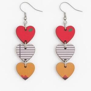Triple Heart Dangle Earrings – Red, Notebook, and Pencil Design